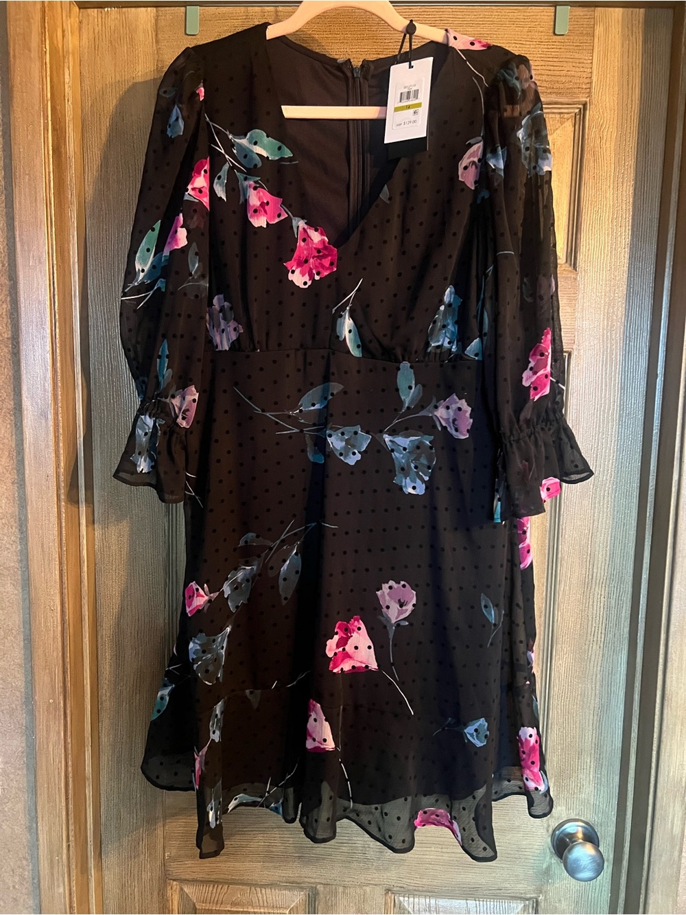 DKNY Black Midi Dress with Pink & Blue Floral Print
